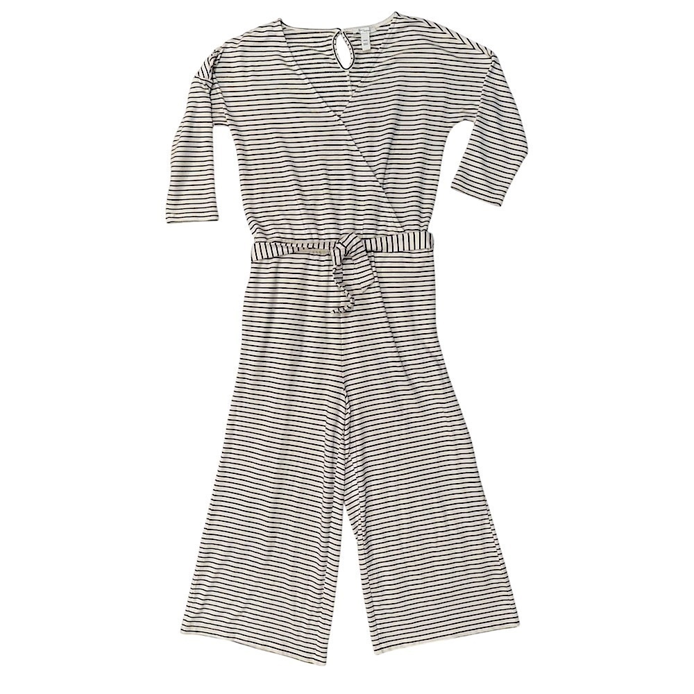 Daily Ritual V Neck Tie Waist Striped Jumpsuit Size: Small White Black Vacation